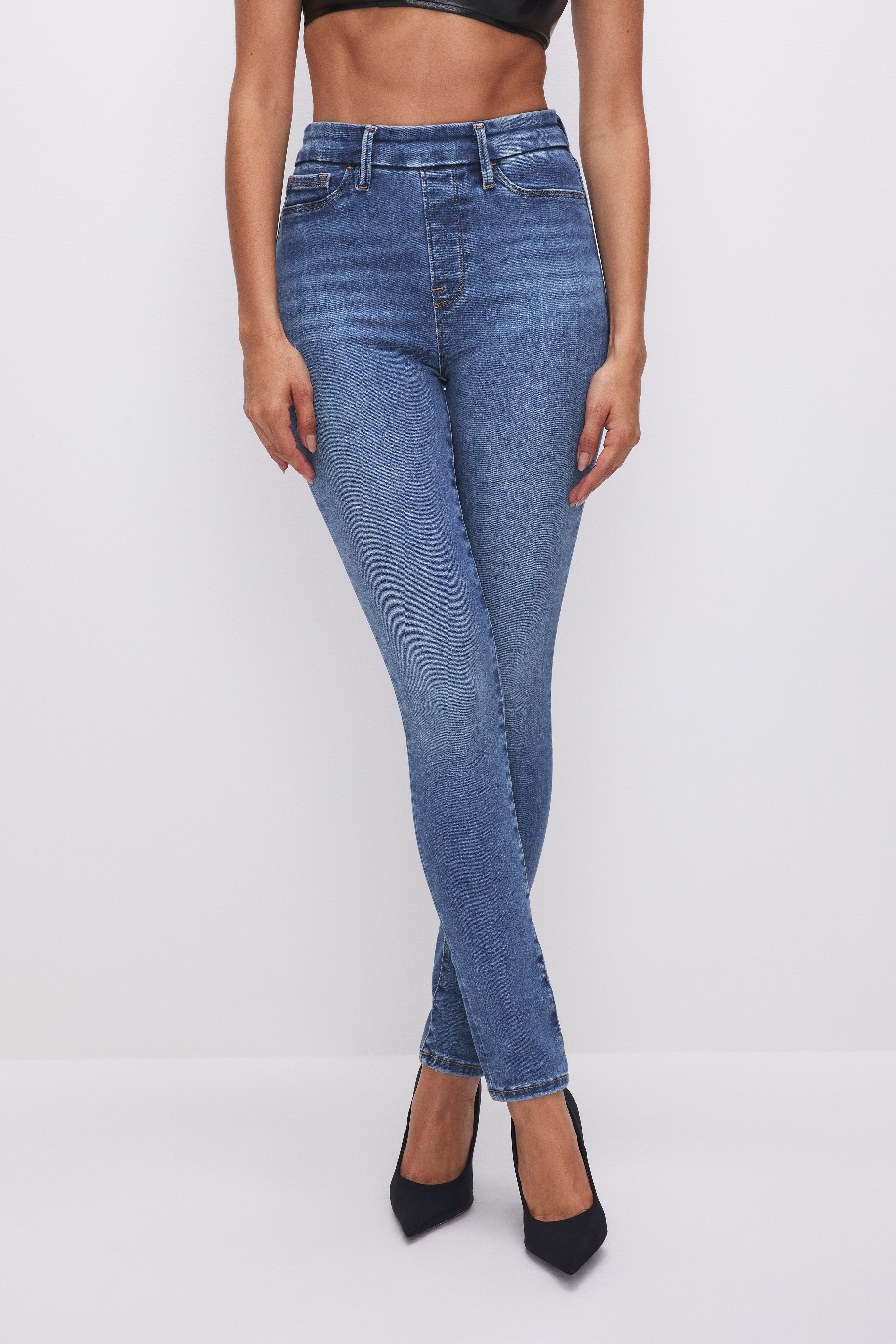 Shape Mid Blue Wash Disco Denim Skinny Jeans | PrettyLittleThing